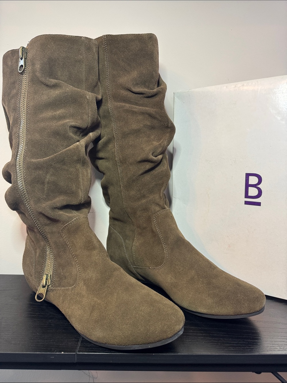 Suede Slouch Knee-High Boots in Olive Taupe